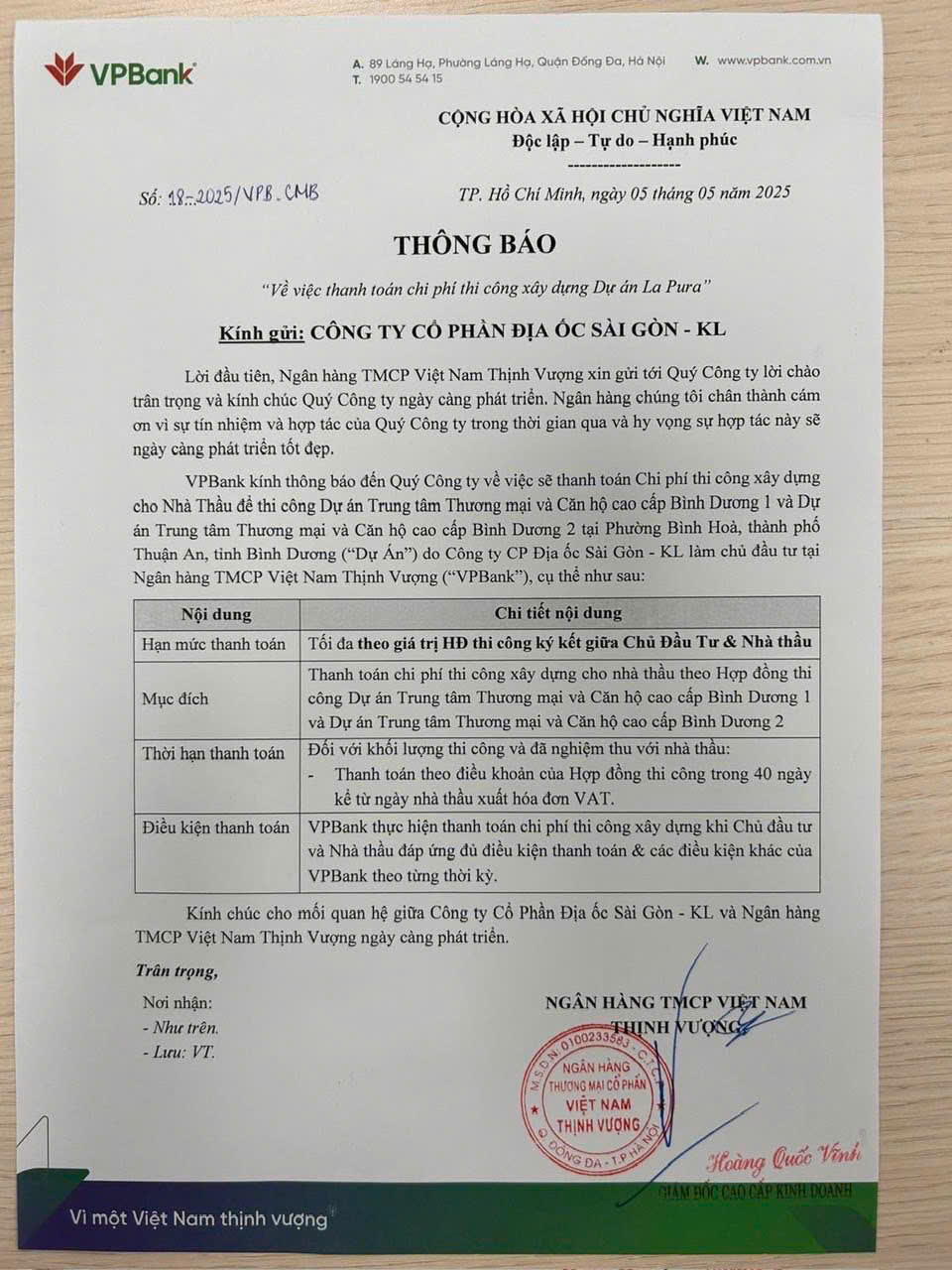 Thông báo bảo lãnh thanh toán chi phí xây dựng cho nhà thầu